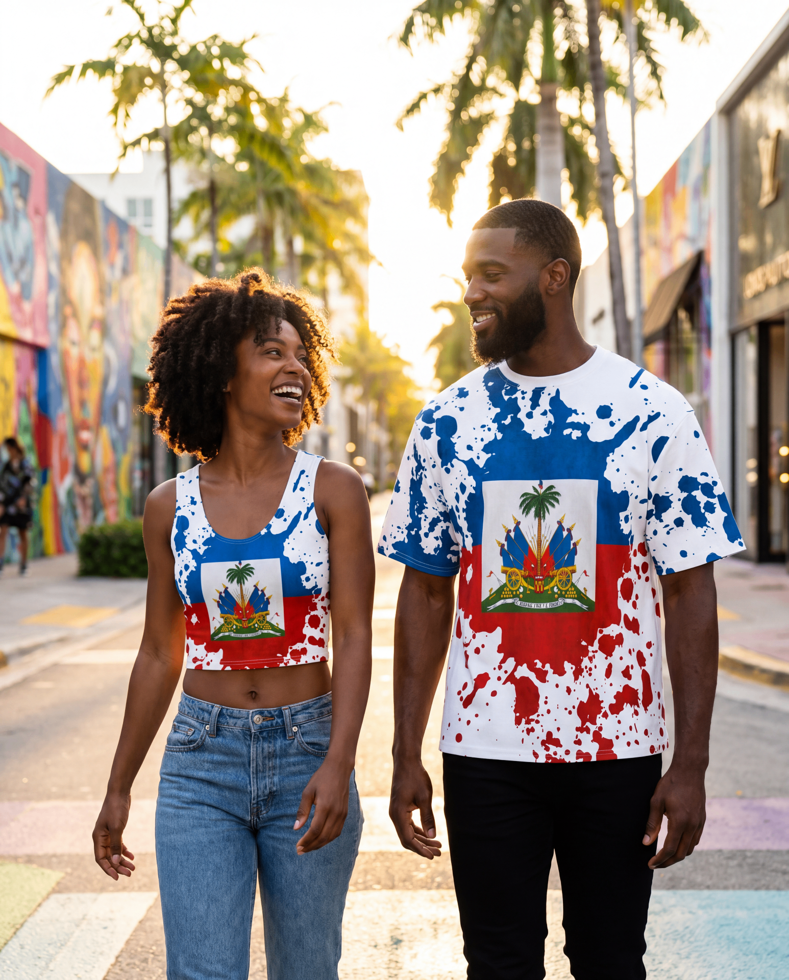 Couple wearing matching Haitian flag apparel — paint-splatter crop top and tee